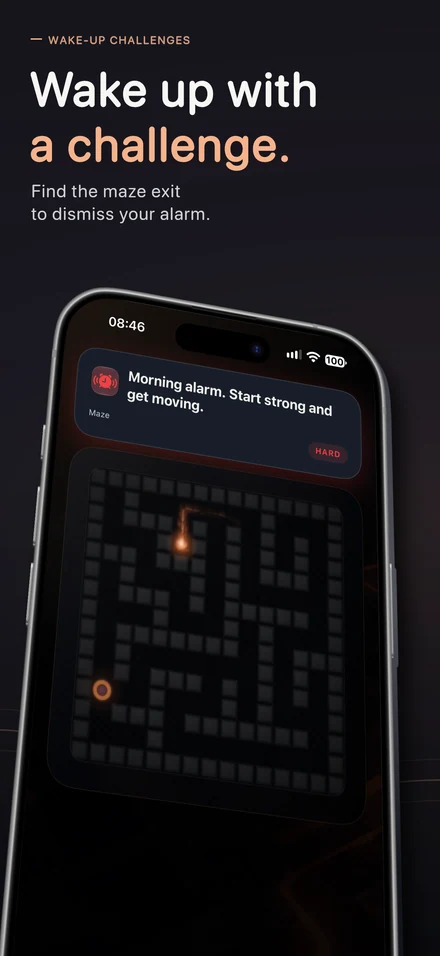 Wake up with a challenge. Find the maze exit to dismiss your alarm.