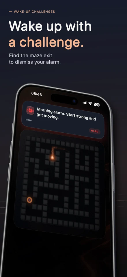 Wake up with a challenge. Find the maze exit to dismiss your alarm.