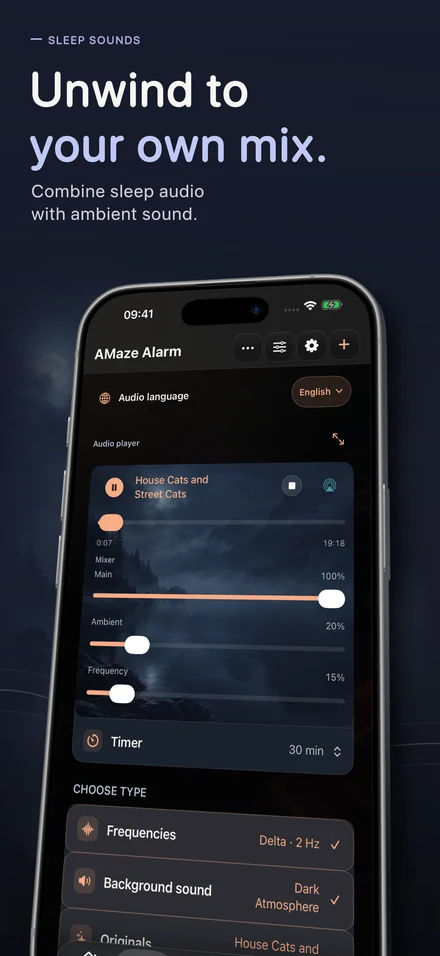 Unwind to your own mix. Combine sleep audio with ambient sound.