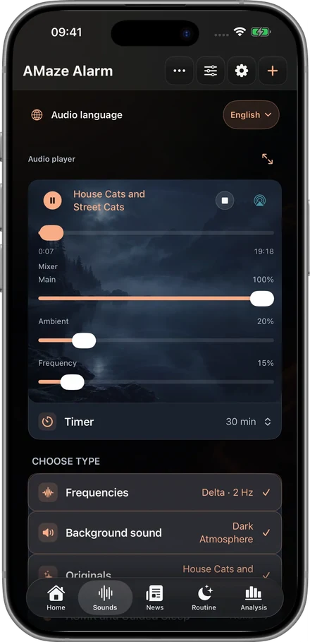 A story, a little atmosphere, your own balance. Build a sleep mix with separate controls for main audio, ambience and frequency.