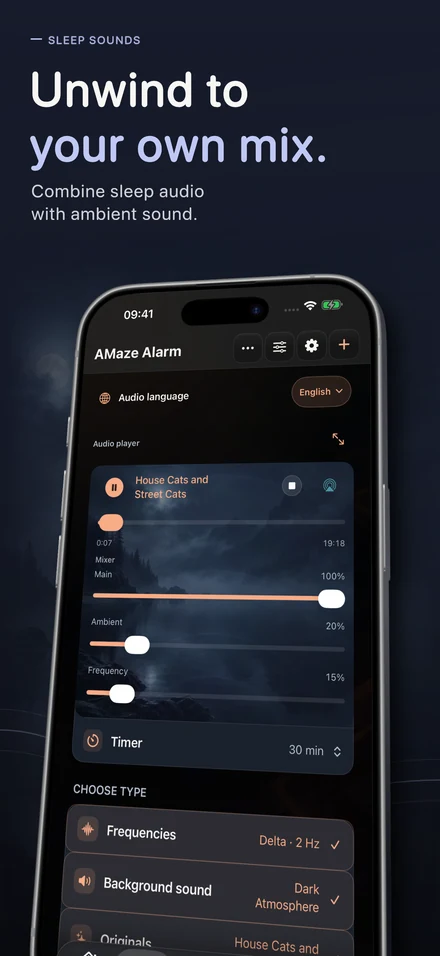 Unwind to your own mix. Combine sleep audio with ambient sound.