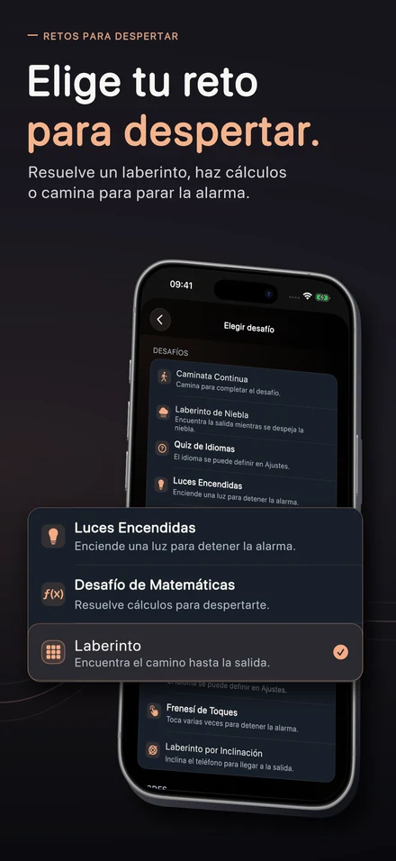 Elige tu reto para despertar. Resuelve un laberinto, haz cálculos o camina para parar la alarma.