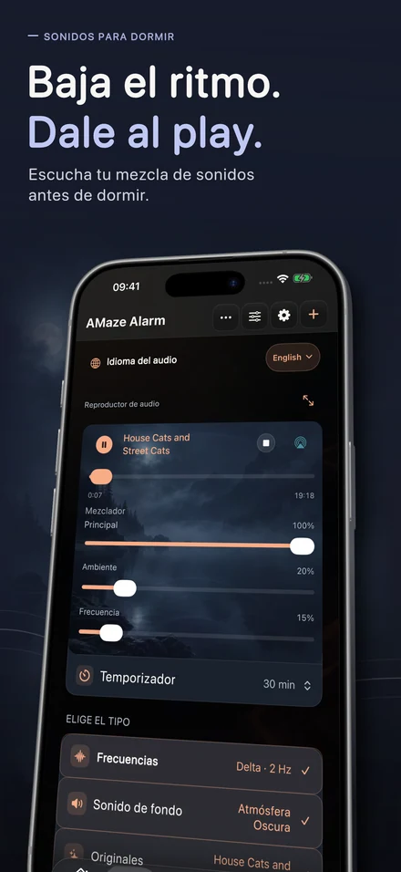 Baja el ritmo. Dale al play. Escucha tu mezcla de sonidos antes de dormir.