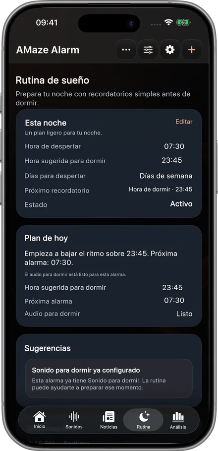 Rutina nocturna con la hora de acostarse y de despertar.