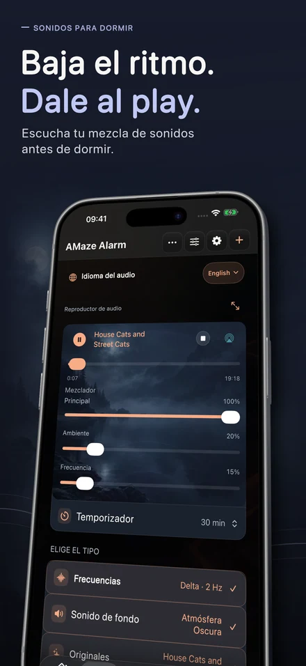 Baja el ritmo. Dale al play. Escucha tu mezcla de sonidos antes de dormir.