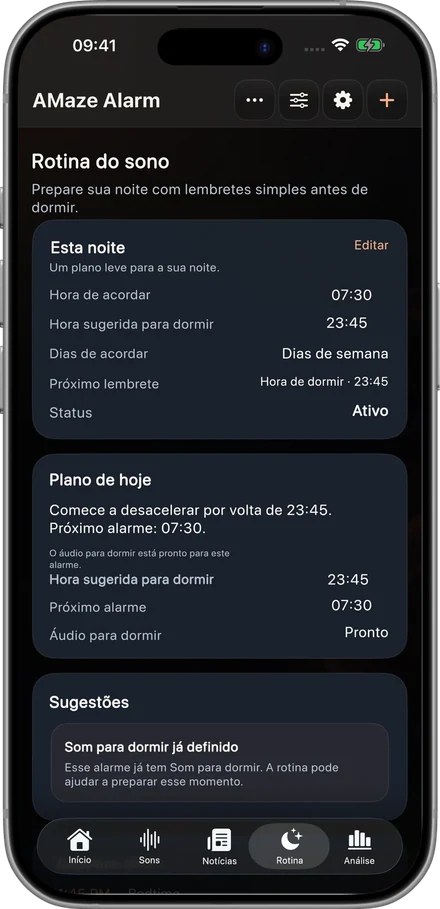Rotina noturna com os horários de dormir e acordar.