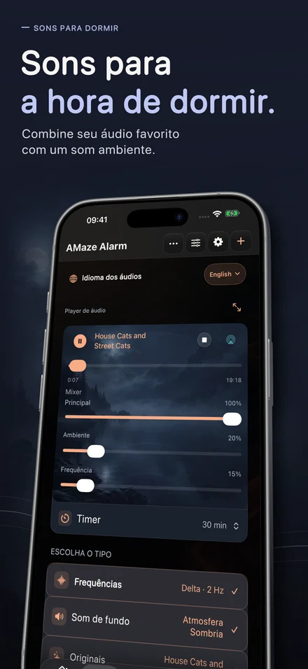 Sons para a hora de dormir. Combine seu áudio favorito com um som ambiente.