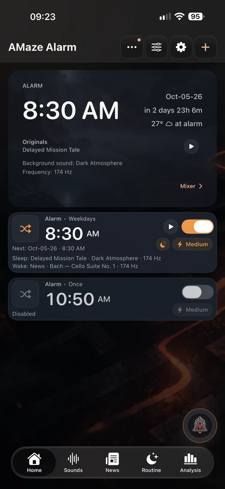 The AMaze alarm list and settings for the next alarm.
