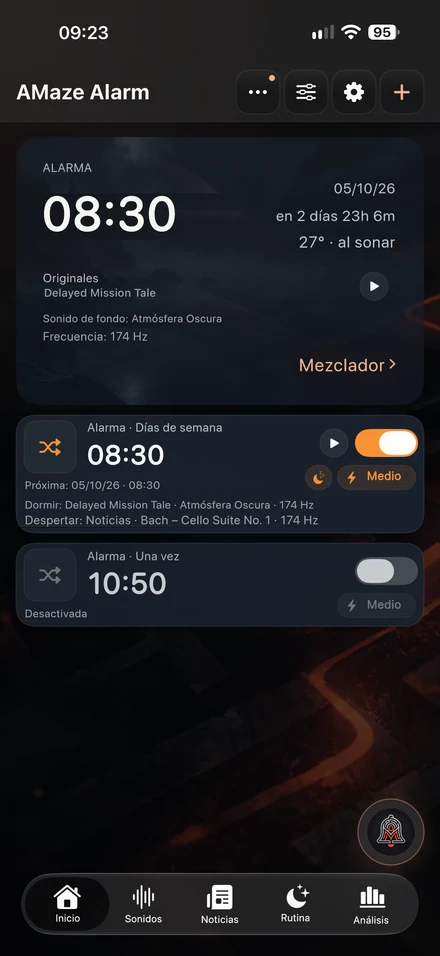 Lista de alarmas y ajustes de la próxima alarma en AMaze.