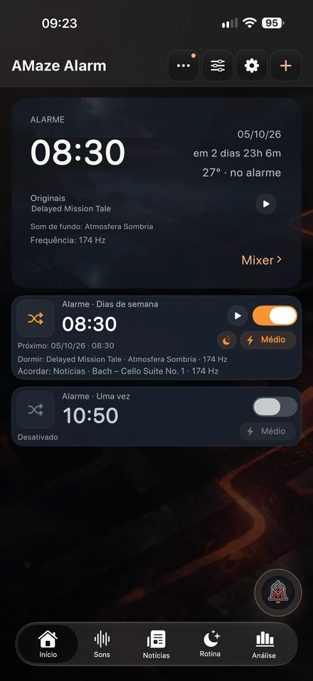 Lista de alarmes e ajustes do próximo alarme no AMaze.
