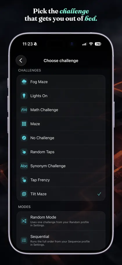 Challenge selection in AMaze Alarm