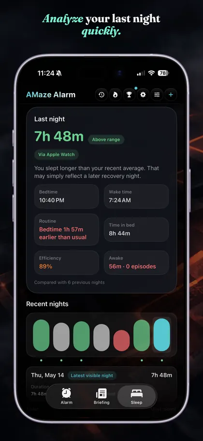 AMaze Alarm Sleep Analysis screen