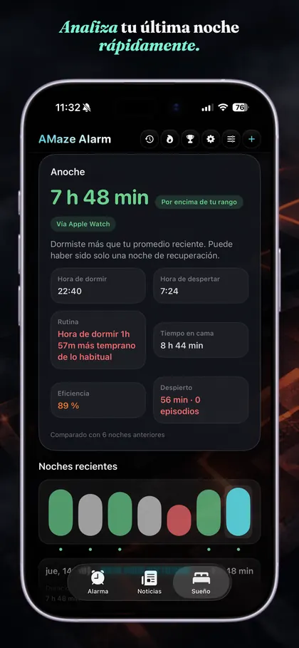 Pantalla de Análisis del sueño de AMaze Alarm