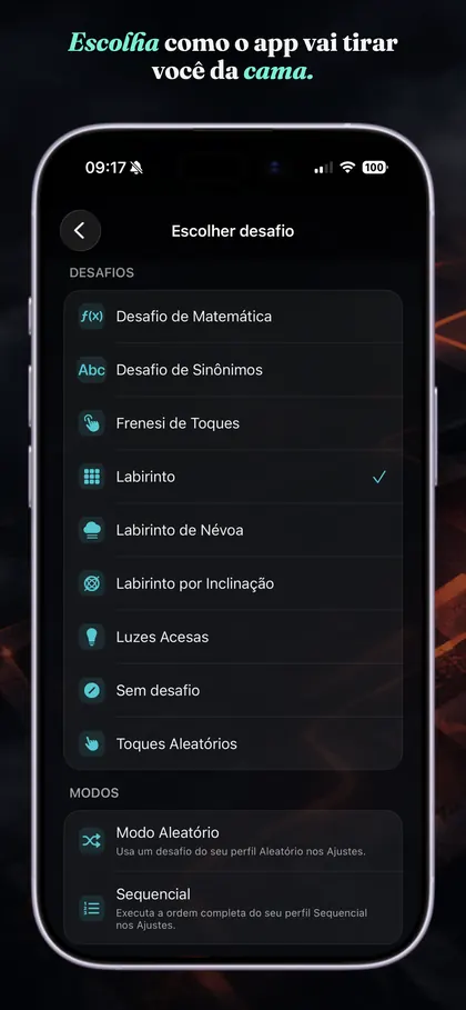 Seleção de desafio no AMaze Alarm