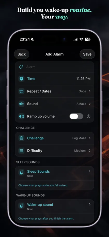 AMaze Alarm Add Alarm screen with challenge and sleep routine setup