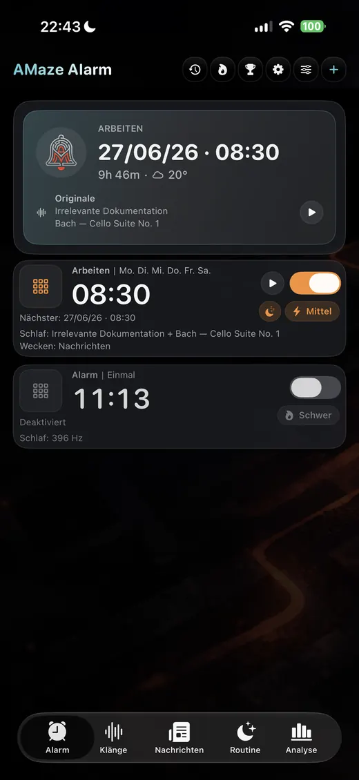 Startbildschirm von AMaze Alarm