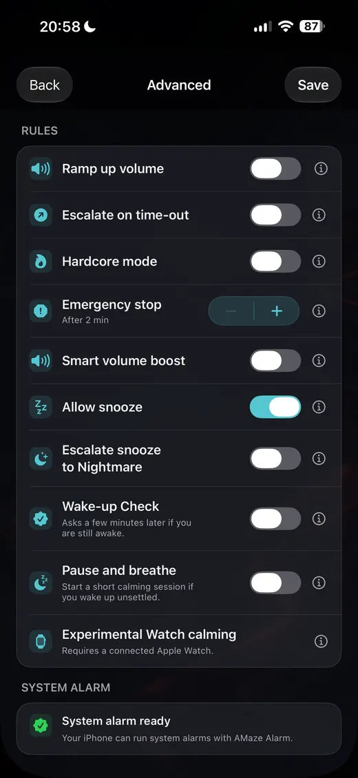 Advanced alarm rules screen