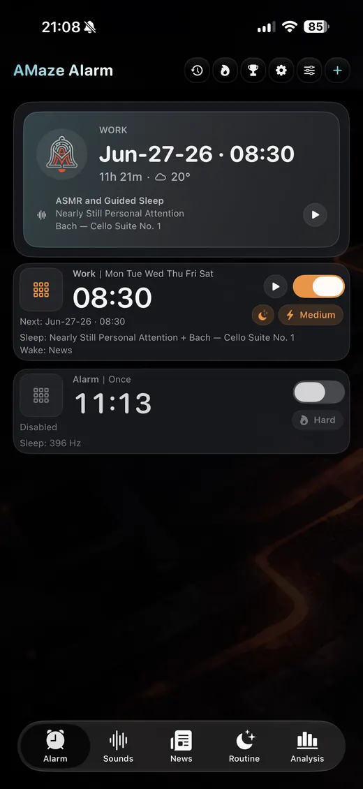 AMaze Alarm Home screen