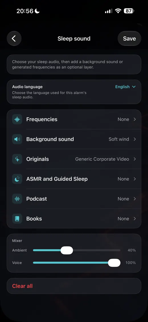 Sleep audio screen