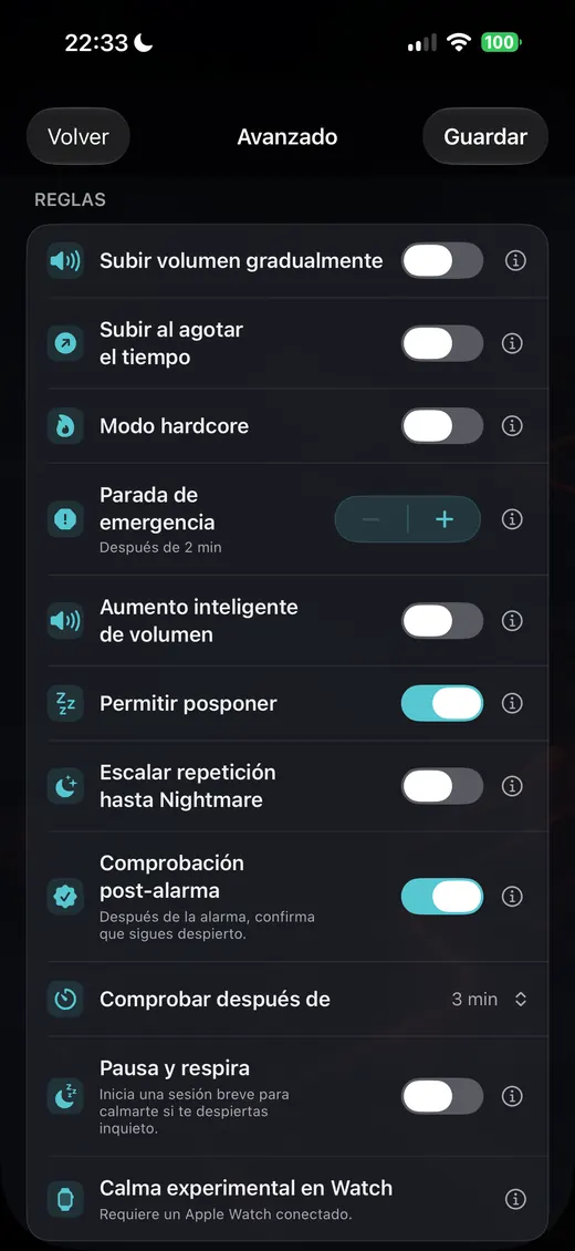 Pantalla de reglas avanzadas de alarma