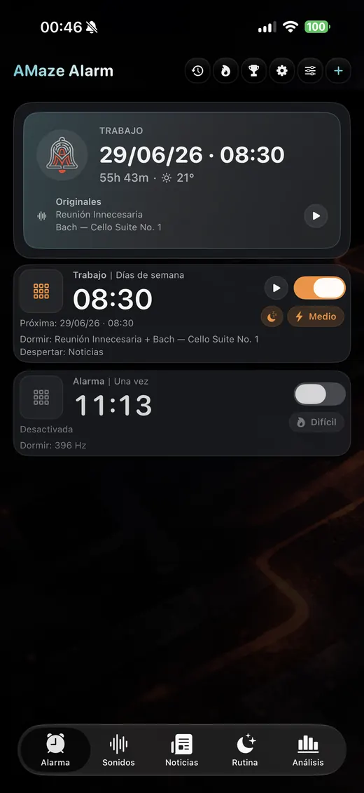 Pantalla inicial de AMaze Alarm