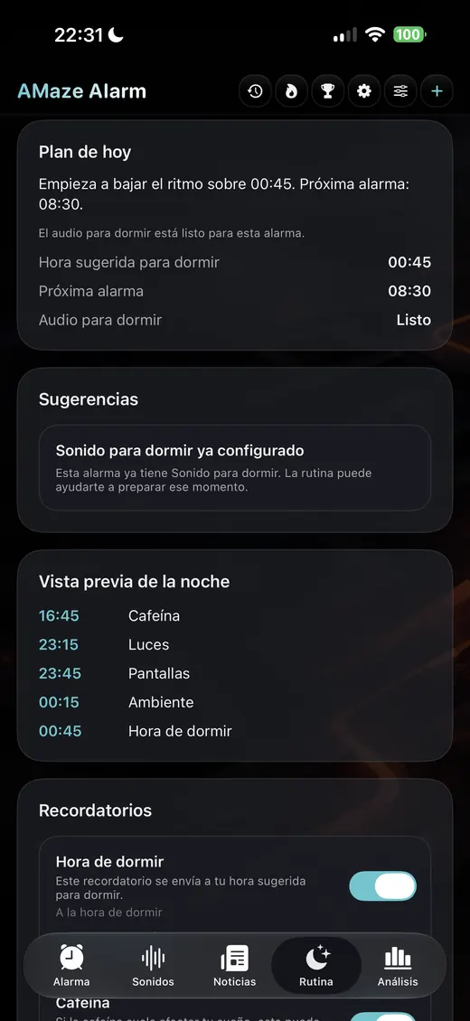 Pantalla de Rutina de Sueño