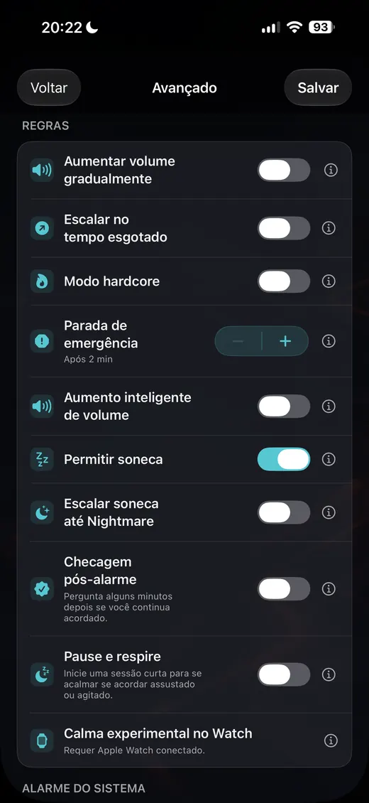 Tela de regras avançadas do alarme