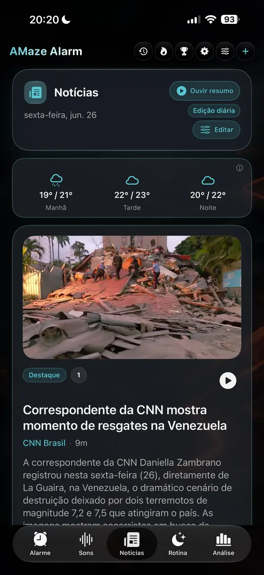 Tela de notícias e clima