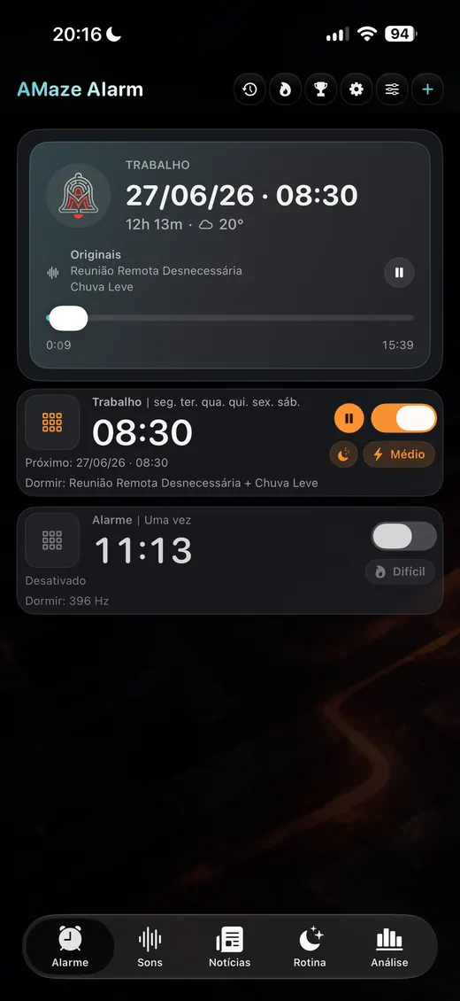 Tela inicial do AMaze Alarm