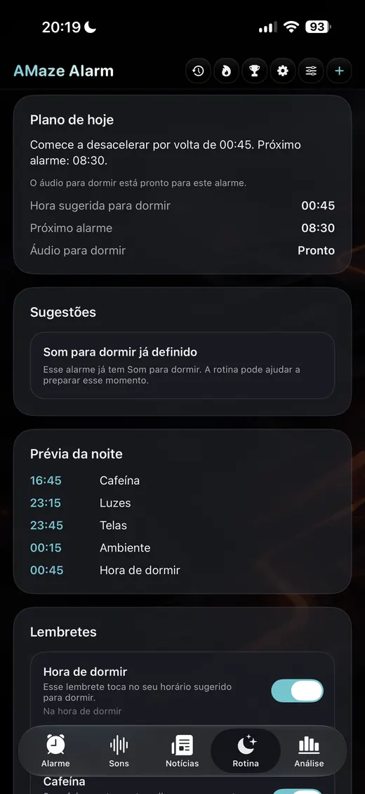 Tela de Rotina do Sono