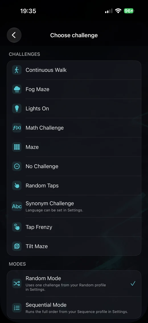 Choose challenge screen